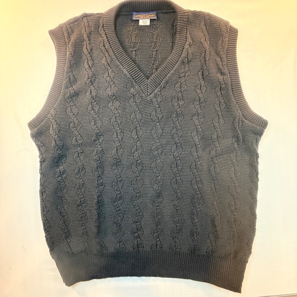 Andrew Rohan Sweater Vest‎ Mens Large Black Cotton Cable Knit V-Neck Preppy USA